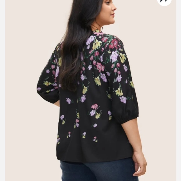 BloomChic Plus Size Boho Print Tie Neck Frill Trim Blouse - Picture 2 of 6